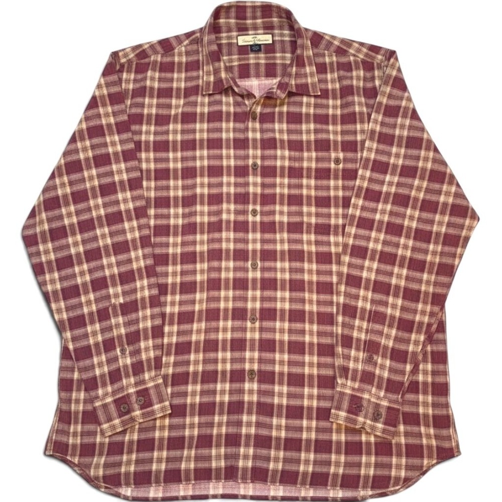 Tommy Bahama Silk Shirt Mens XXL 2XL Brown Plaid Long Sleeve Camp Button Up